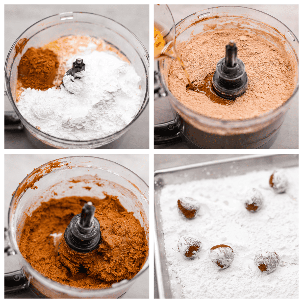 Easy and impressive rum balls are perfect for the holidays! Vanilla wafer crumbs, powdered sugar, cocoa powder, and rum create a truffle-like consistency bursting with rich flavors. A simple bite-sized dessert that every party needs! First photo of cookie crumbs, powdered sugar, and cocoa powder in a food processor. Second photo of rum pouring into the food processor. Third photo of the dough mixed in the food processor. Fourth photo of the rum balls rolling in powdered sugar.