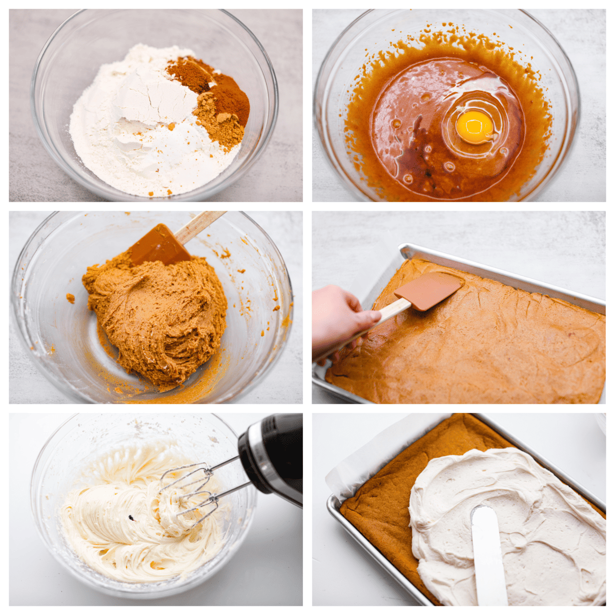 Spread the holiday cheer with these festive gingerbread sugar cookie bars. These soft and chewy spiced cookie bars are topped with smooth cream cheese frosting and festive sprinkles! The perfect dessert to feed a crowd at your next holiday party. First photo of dry ingredients added to a bowl. Second photo of wet ingredients added to a bowl. Third photo of the dough mixed together in a bowl. Fourth photo of the dough pressed into a pan. Fifth photo of the frosting mixed in a bowl. Sixth photo of the bars being frosted.