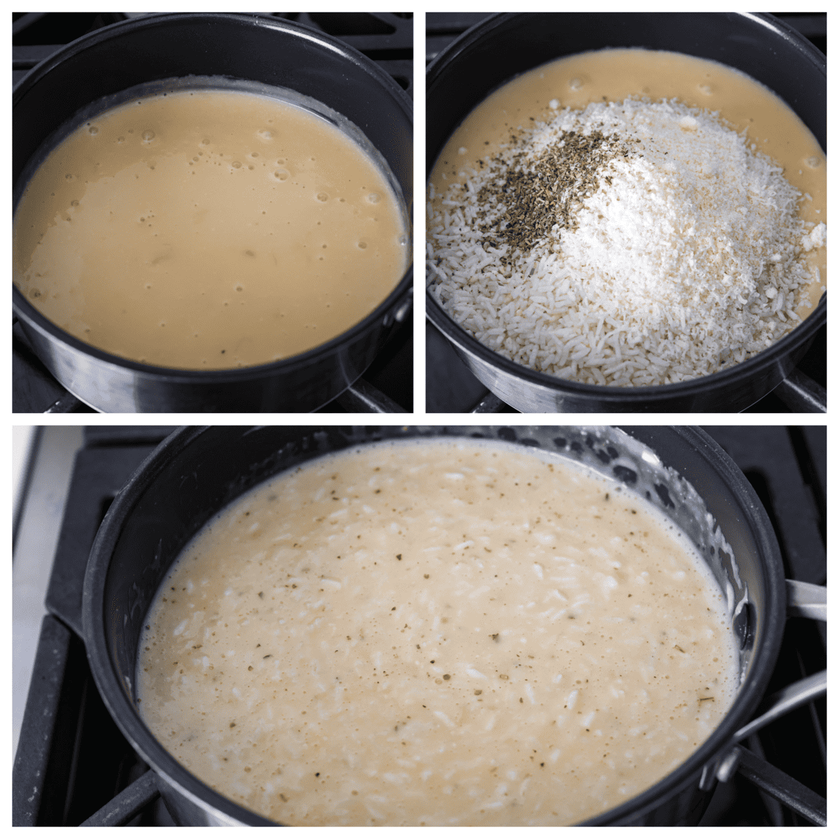 Make mealtime a breeze with this easy Souper Rice recipe! Combine creamy chicken soup, instant white rice, Parmesan cheese, and Italian seasonings for a quick and tasty dish. Simple, delicious, and a side dish that is ready in no time! 3 pictures in a collage showing a pot on the stove and the rice, soup and seasonings being added to it.