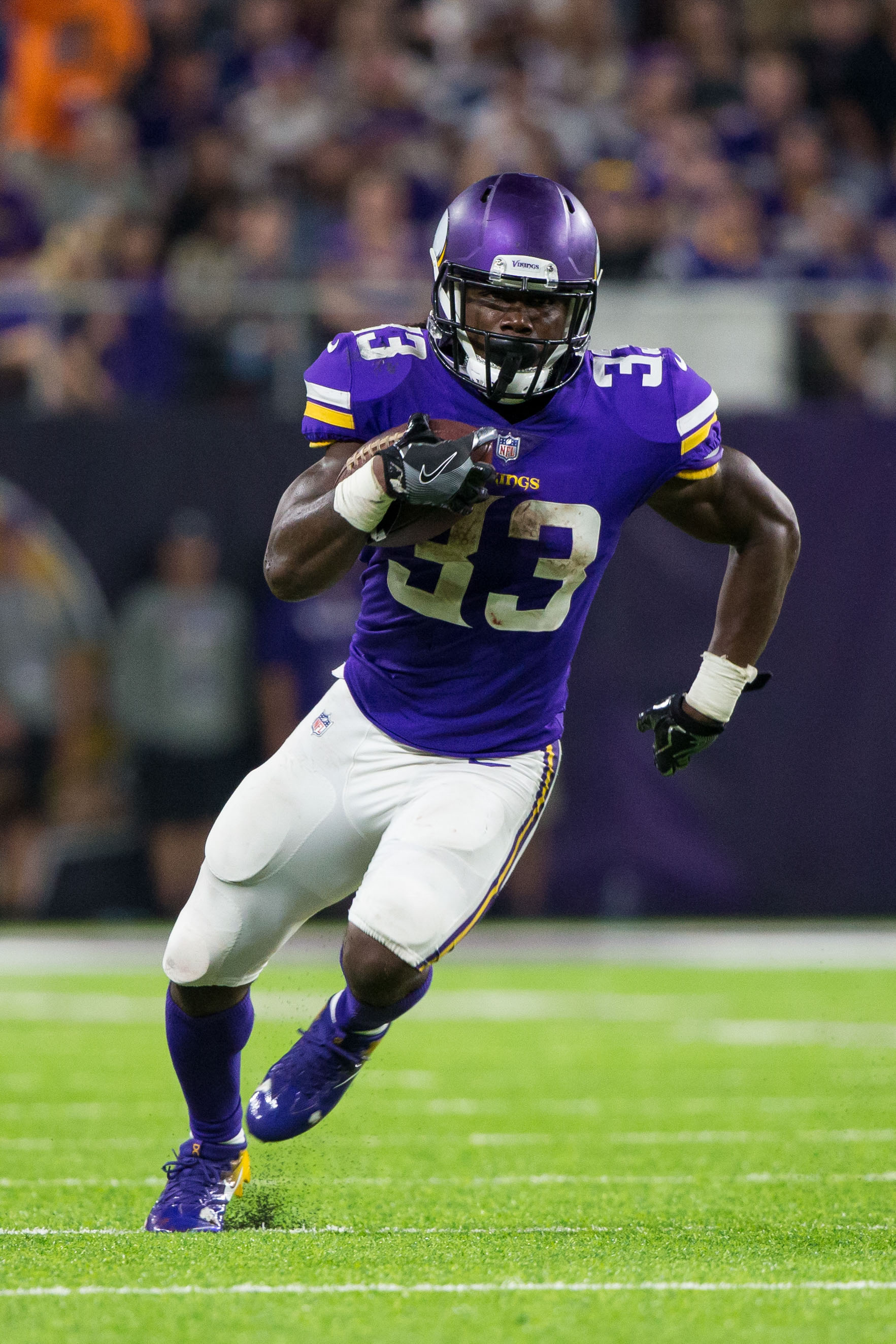 Sep 11, 2017; Minneapolis, MN, USA; Minnesota Vikings running back Dalvin Cook (33) runs with the ball in the fourth quarter against the New Orleans Saints at U.S. Bank Stadium. Mandatory Credit: Brad Rempel-USA TODAY Sports