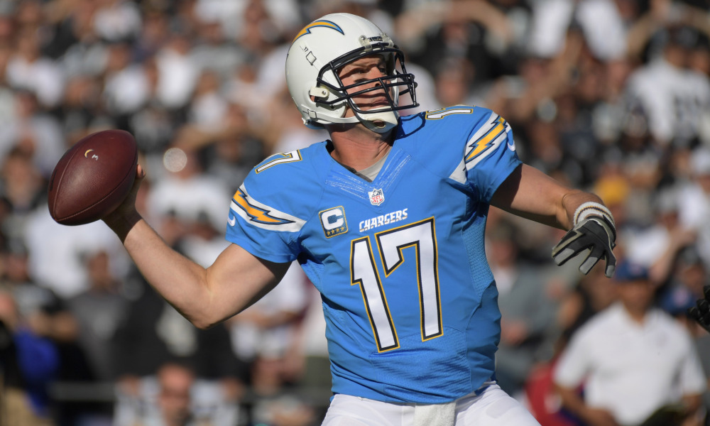 Dec 18, 2016; San Diego, CA, USA; San Diego Chargers quarterback Philip Rivers (17) throws a pass against the Oakland Raiders in the first quarter at Qualcomm Stadium. Mandatory Credit: Kirby Lee-USA TODAY Sports