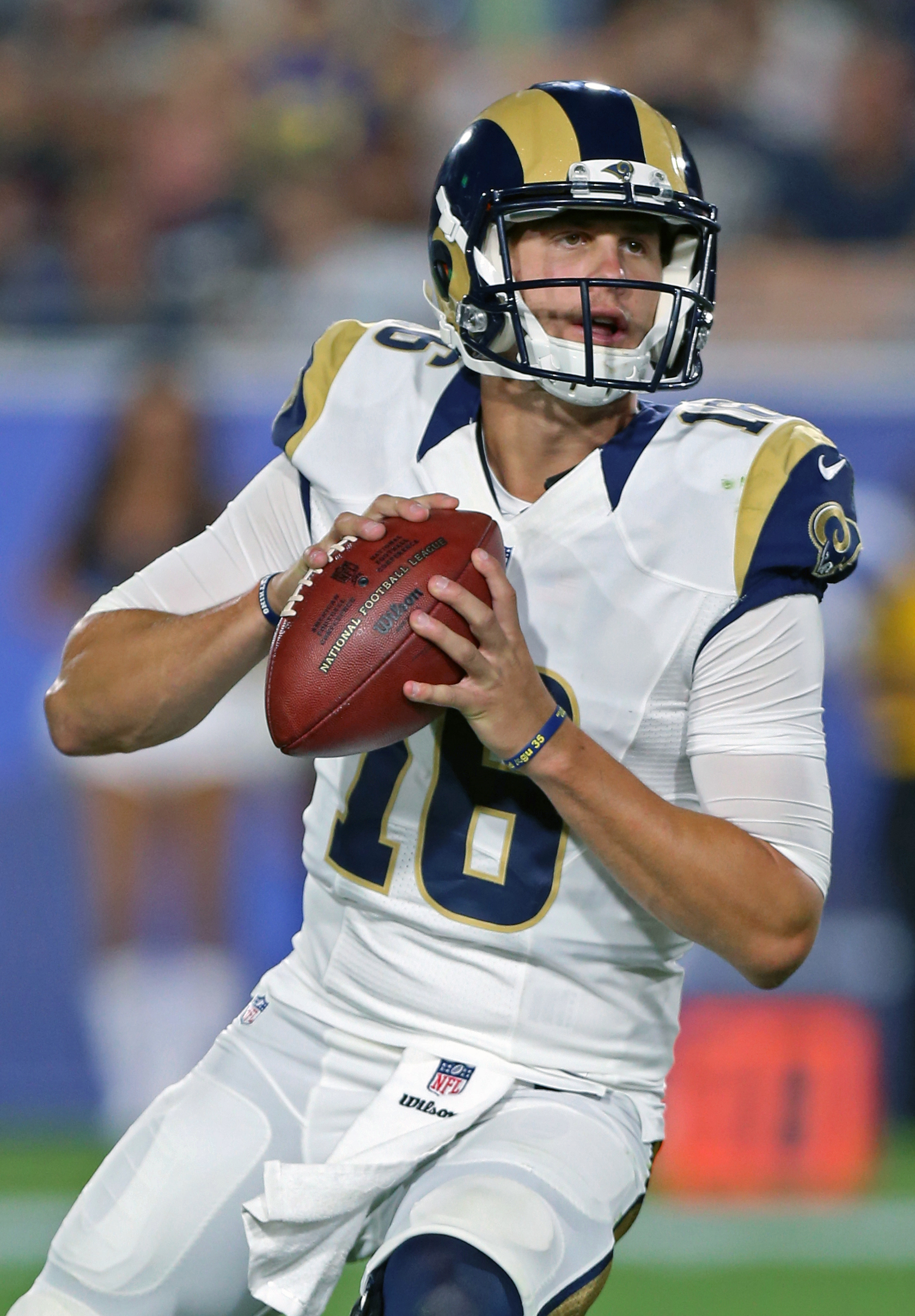Los Angeles Rams quarterback Jared Goff (16) drops back to pass during a preseason NFL game against the Kansas City Chiefs on Saturday, Aug. 20, 2016 at the Los Angeles Memorial Coliseum in Los Angeles. (AP Photo/TUSP, Jay Biggerstaff)