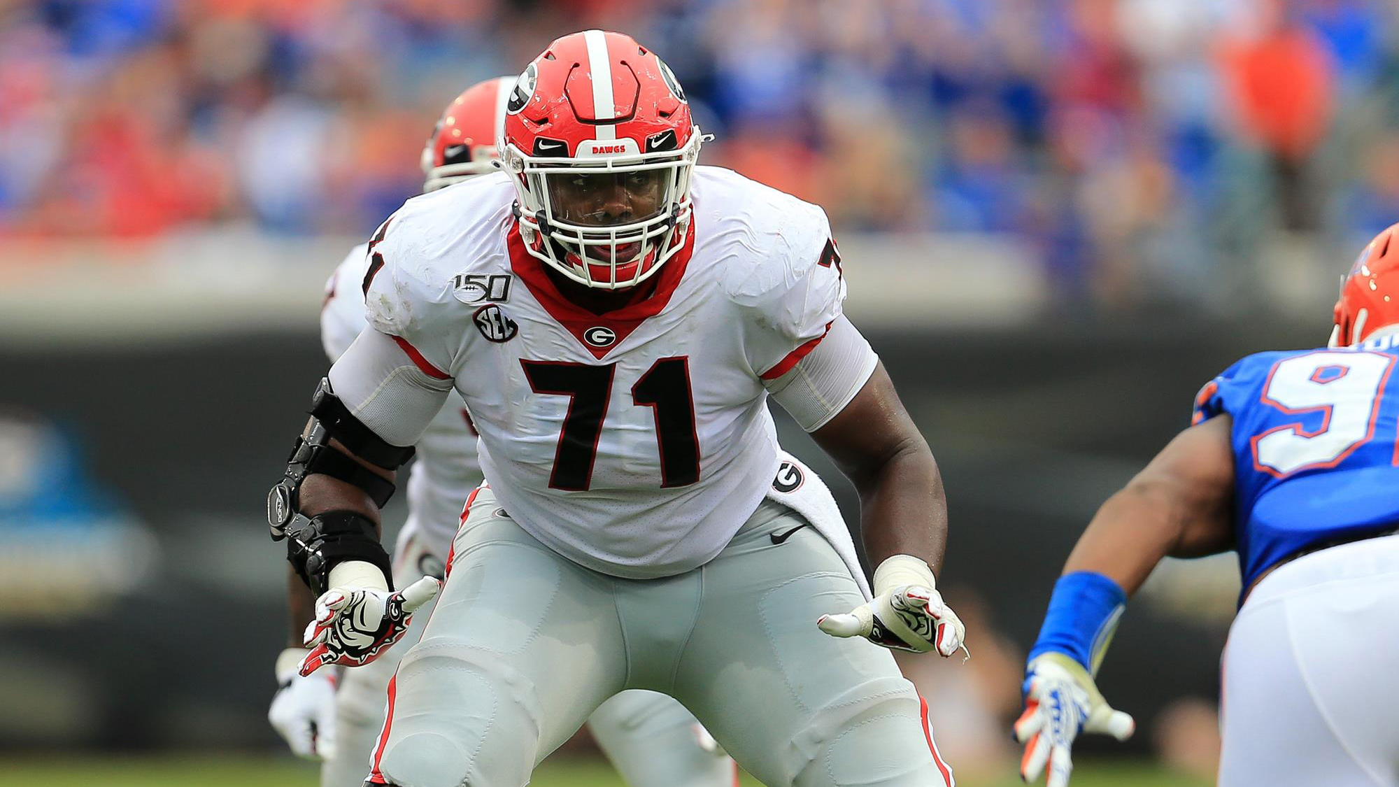 Georgia Bulldogs offensive lineman Andrew Thomas (71) against the Florida Gators at TIAA Bank Field. Mandatory Credit: Matt Stamey-USA TODAY Sports