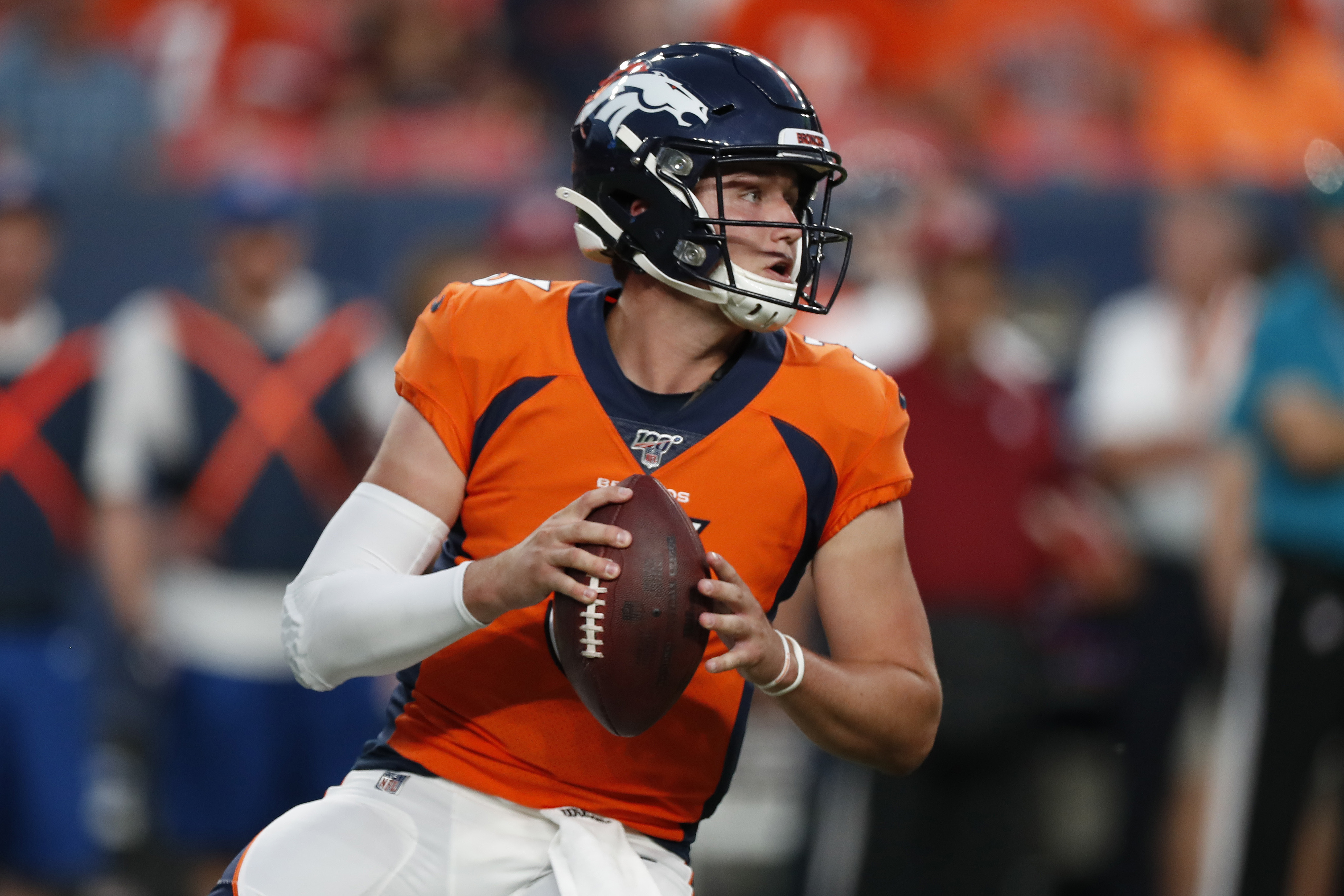 Denver Broncos quarterback Drew Lock (3) looks to throw against the San Francisco 49ers during the second half of an NFL preseason football game, Monday, Aug. 19, 2019, in Denver. (AP Photo/David Zalubowski)