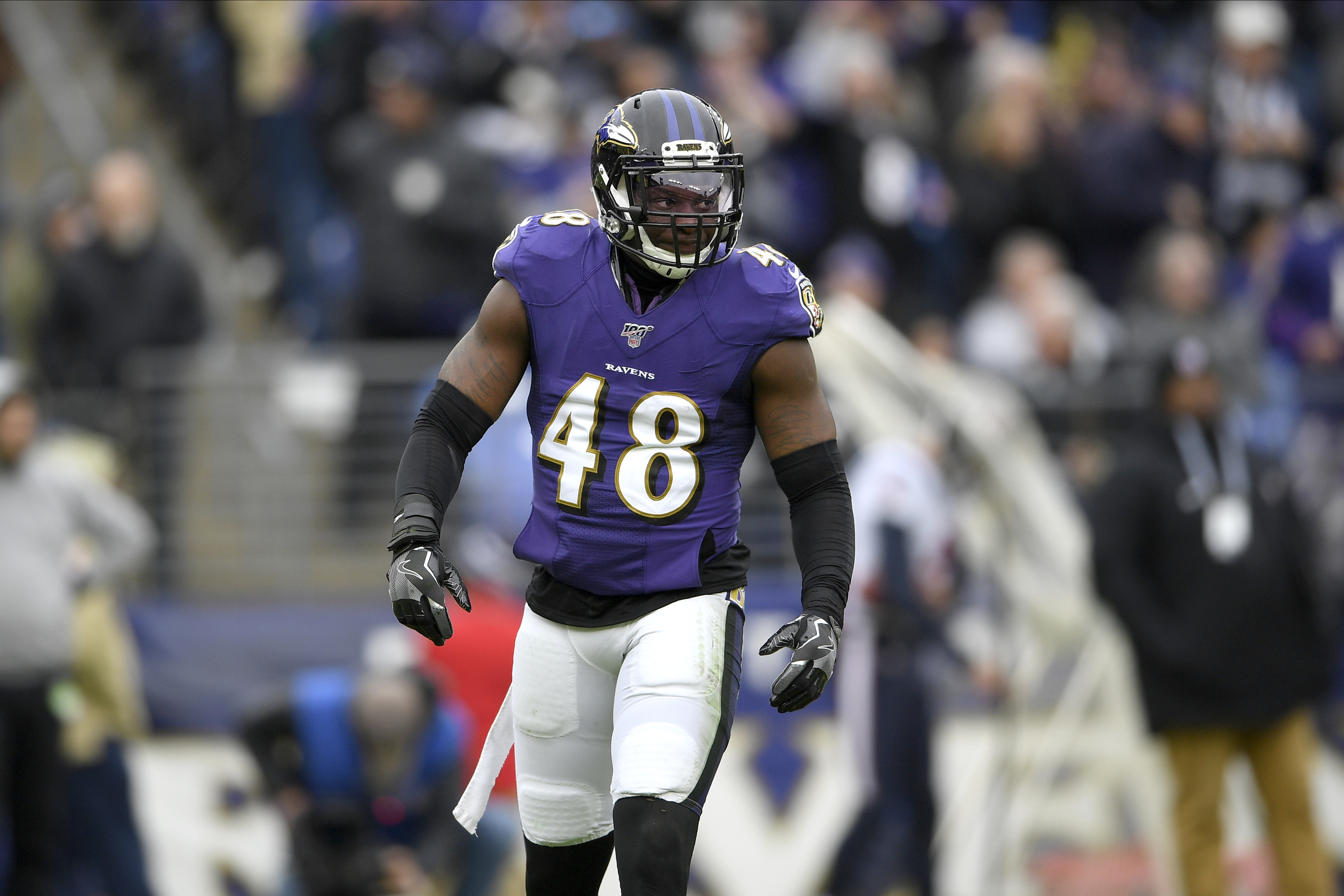 Baltimore Ravens inside linebacker Patrick Onwuasor looks on before a play against the Houston Texans during the first half of an NFL football game, Sunday, Nov. 17, 2019, in Baltimore. (AP Photo/Nick Wass)