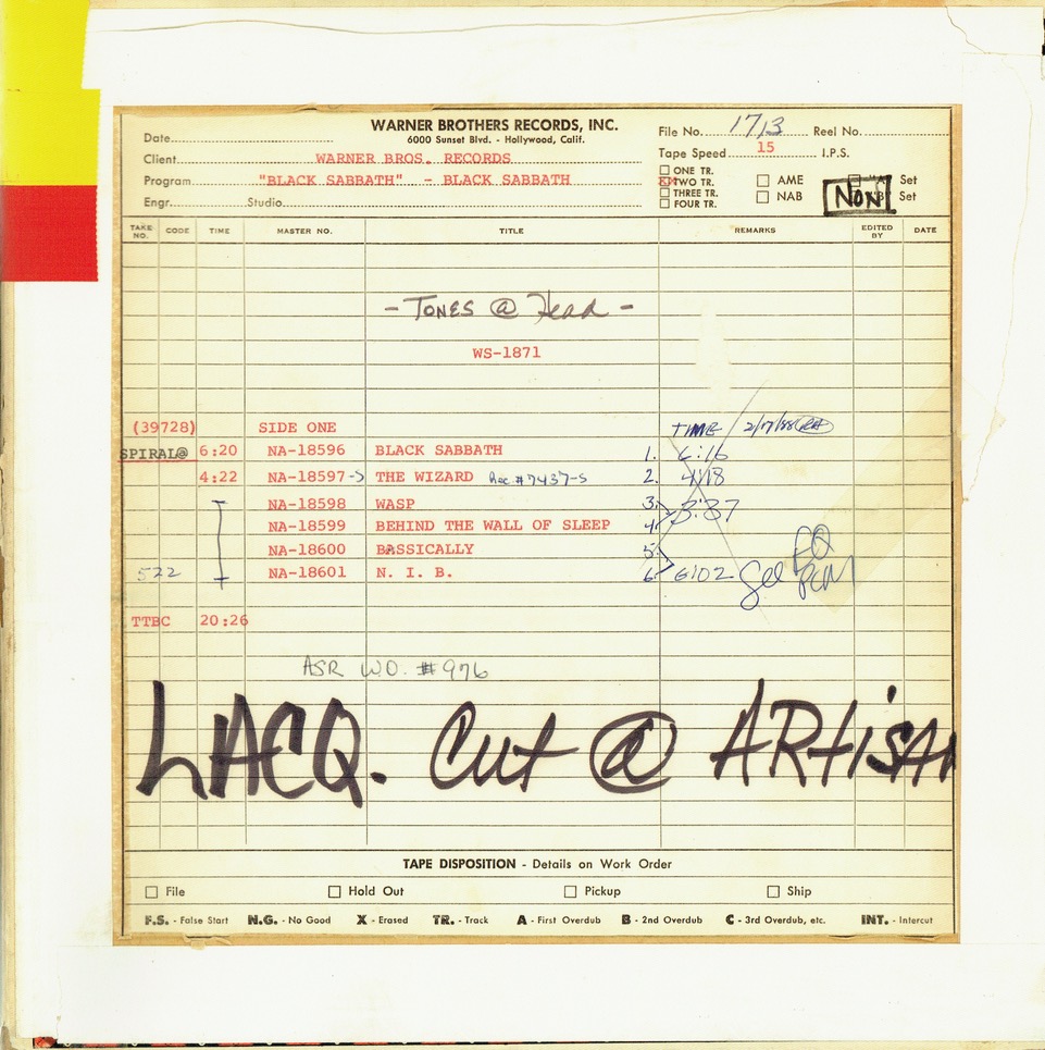 Black Sabbath tape notes a