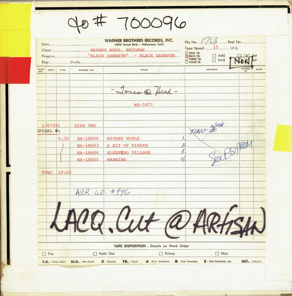 Black Sabbath tape notes b