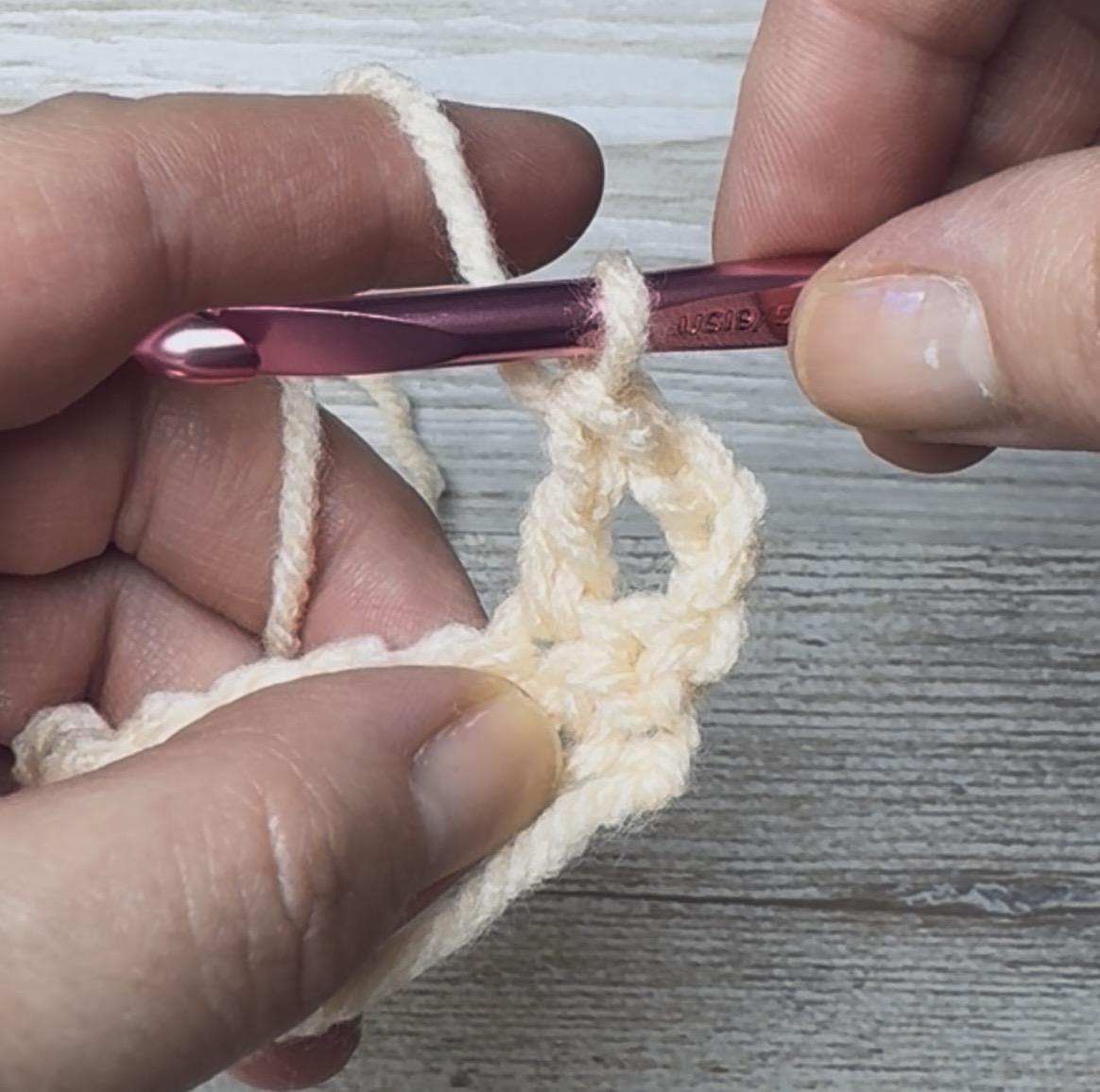 You will work the bead stitch around the post of the last double crochet made.