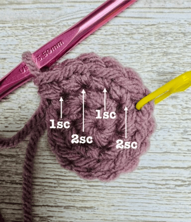 2 single crochet in first stitch and SC in next stitch.  Repeat this pattern around to the stitch marker.