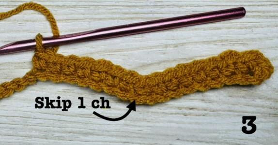 Step 3, row 1 of the Chevron stitch is skip 1 ch, 7 single crochets in the next 7 stitches.