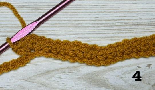 Step 4, row 1 of the Chevron stitch is 3 single crochets in the next stitch.
