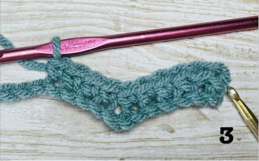 step 3 of close chevron stitch - skip 2 stitches and single crochet in next 4 stitches.