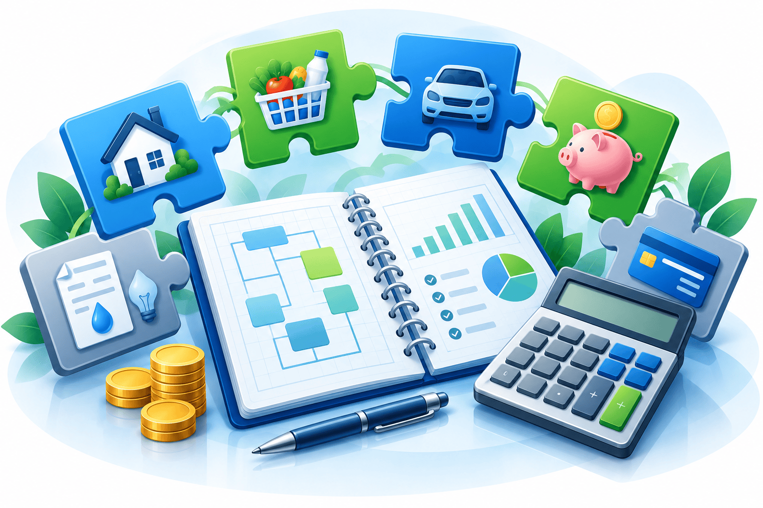 A calculator and an open notebook surrounded by puzzle pieces coming together, representing the steps of building a beginner budget.