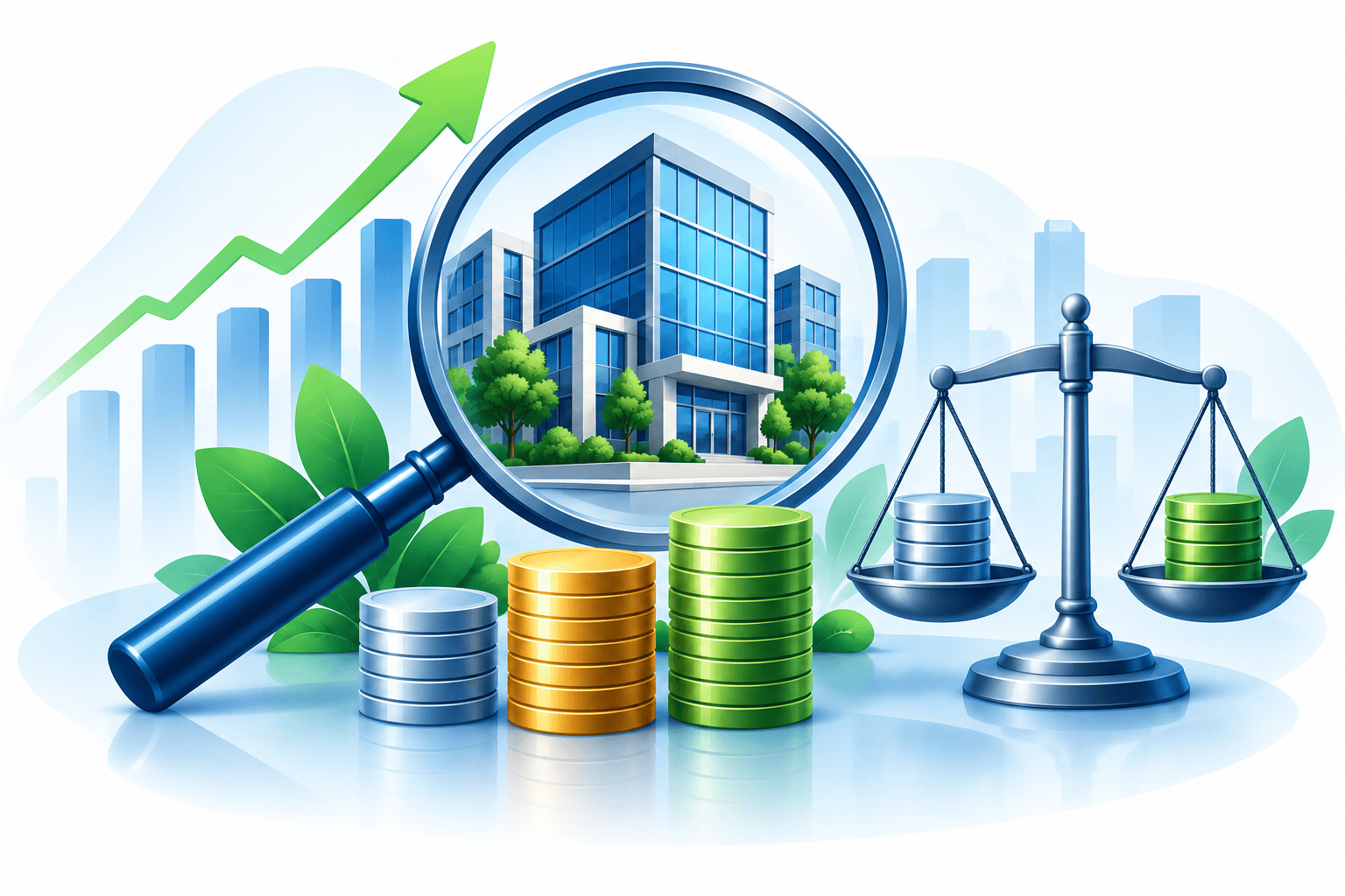 A magnifying glass focusing on a commercial building next to coin stacks and a balanced scale, symbolizing the evaluation of a REIT's properties, dividends, and debt.