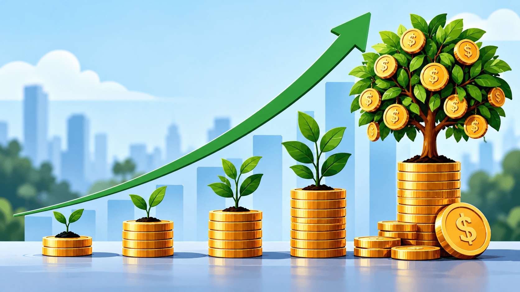 Stacks of gold coins grow into larger plants and a money tree beneath a rising green arrow, illustrating how compound interest and investment returns can build wealth over time.