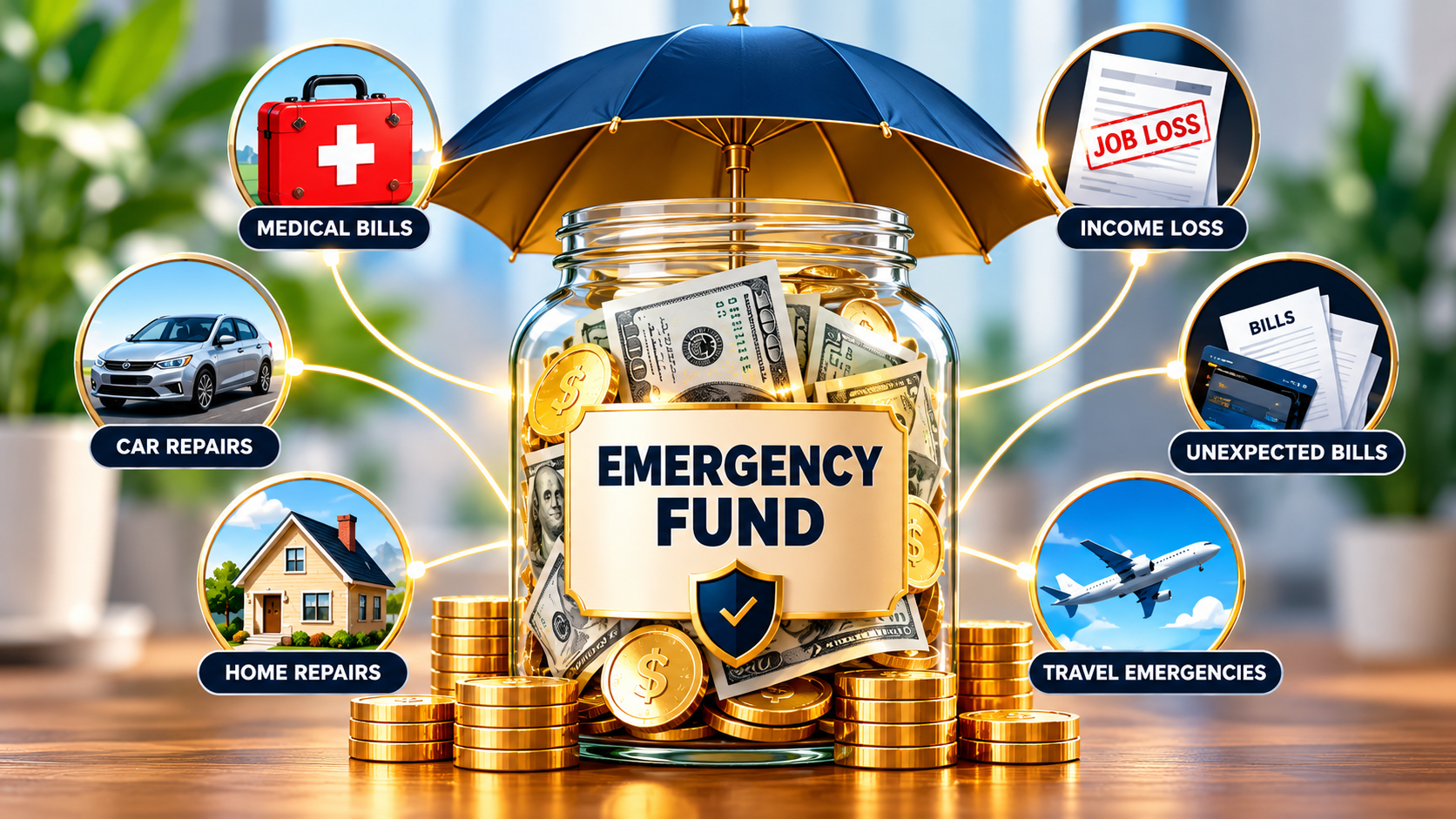 Emergency fund savings jar filled with cash and coins under a protective umbrella, surrounded by icons for medical bills, car repairs, home repairs, income loss, unexpected bills, and travel emergencies.