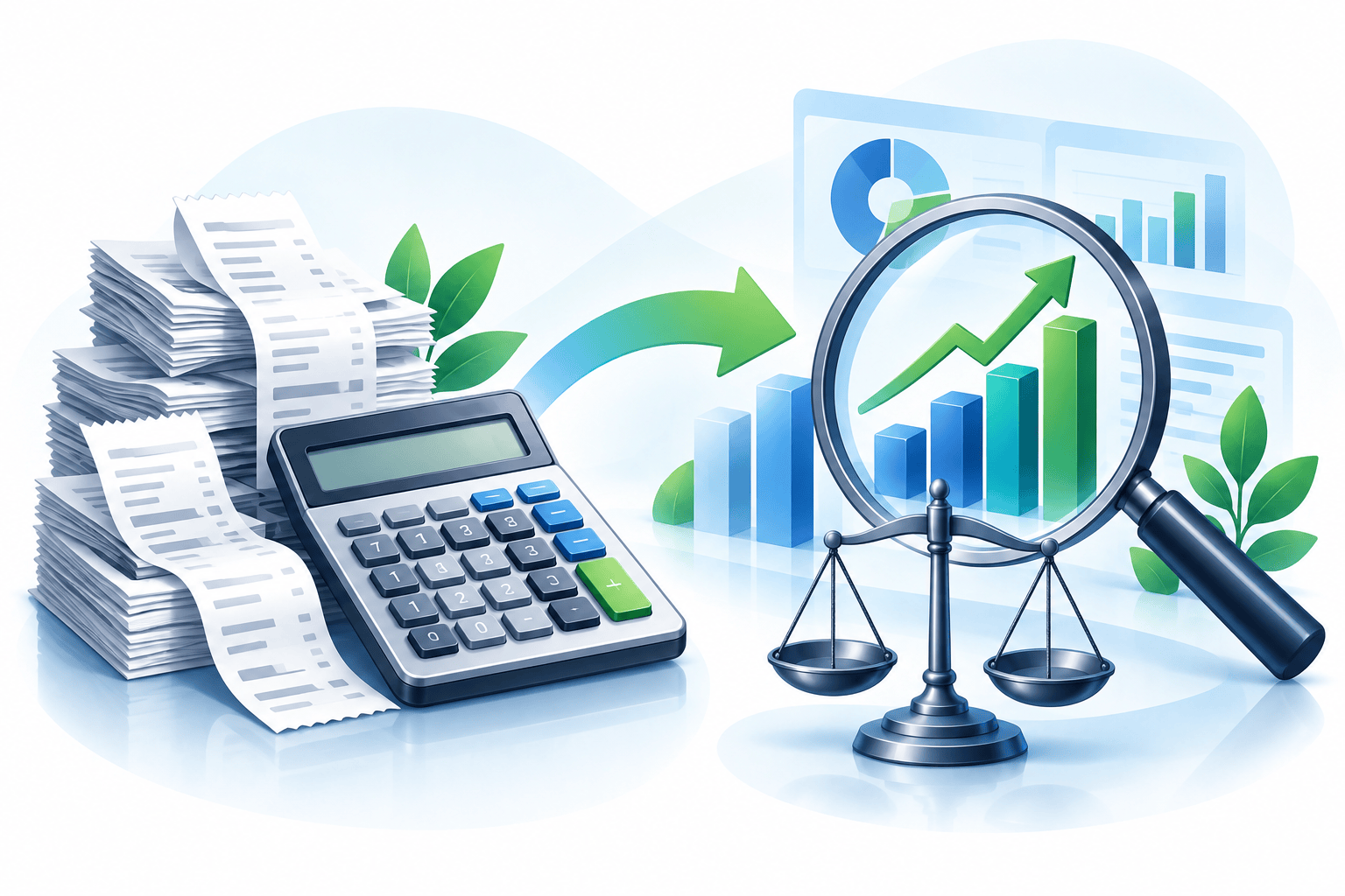 An illustration showing the workflow from bookkeeping receipts and a calculator to accounting charts and a magnifying glass.