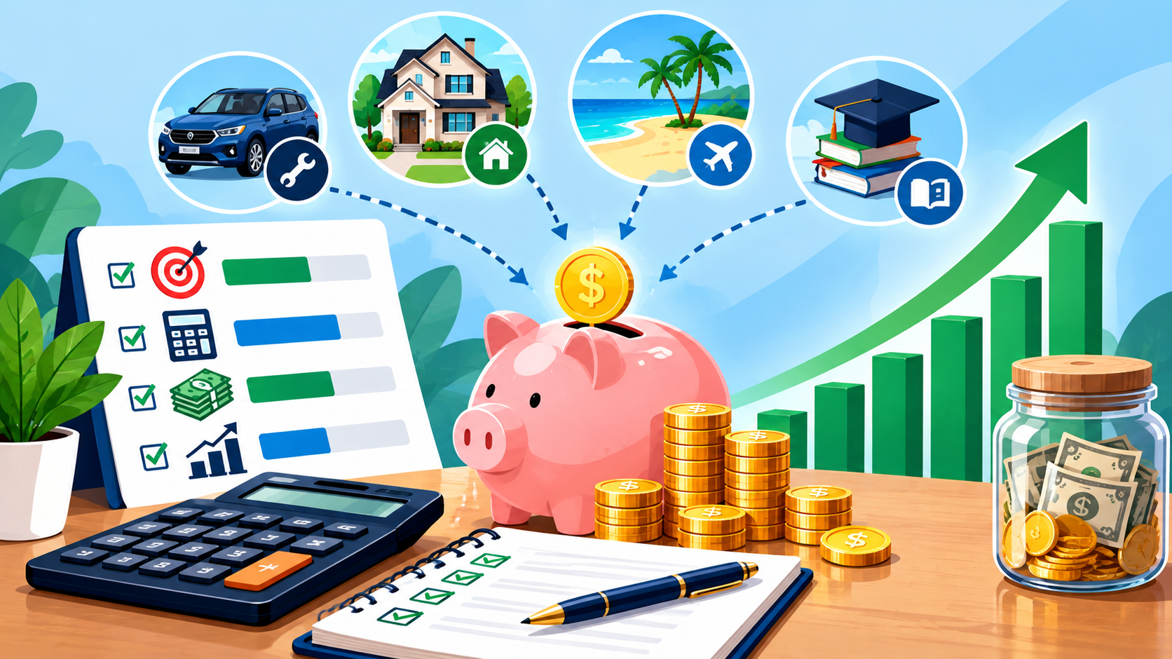 Piggy bank surrounded by coins, a calculator, savings checklist, growth chart, and financial goal icons for a car, home, vacation, and education, illustrating a plan to save money quickly.