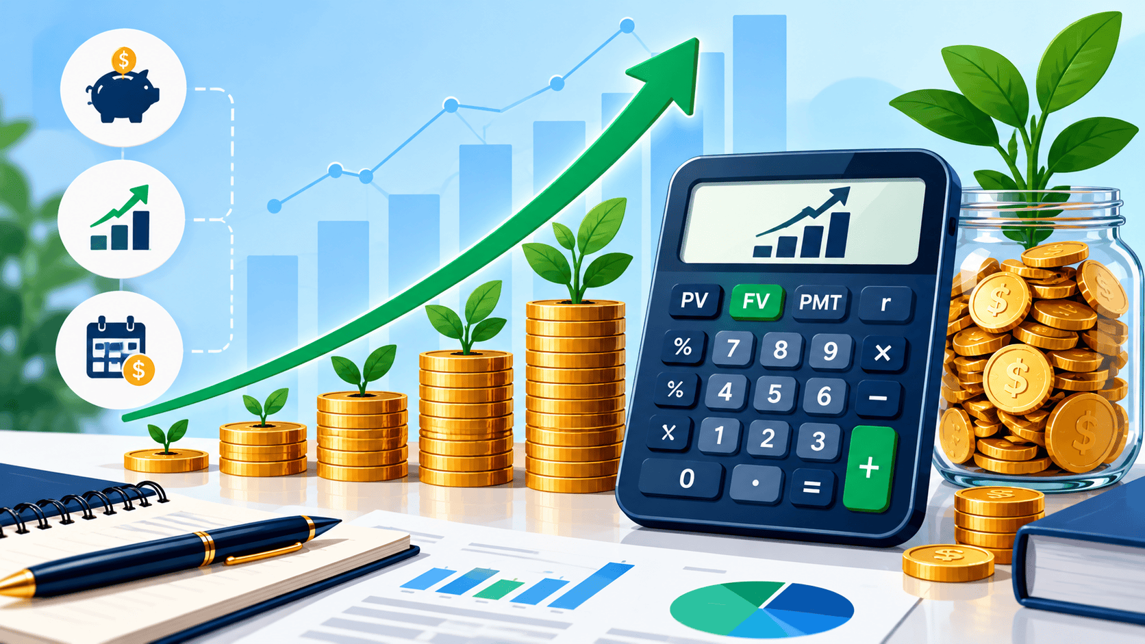 Future value calculator illustration with growing stacks of coins, investment plants, an upward growth arrow, financial charts, and a calculator showing future value and contribution symbols.
