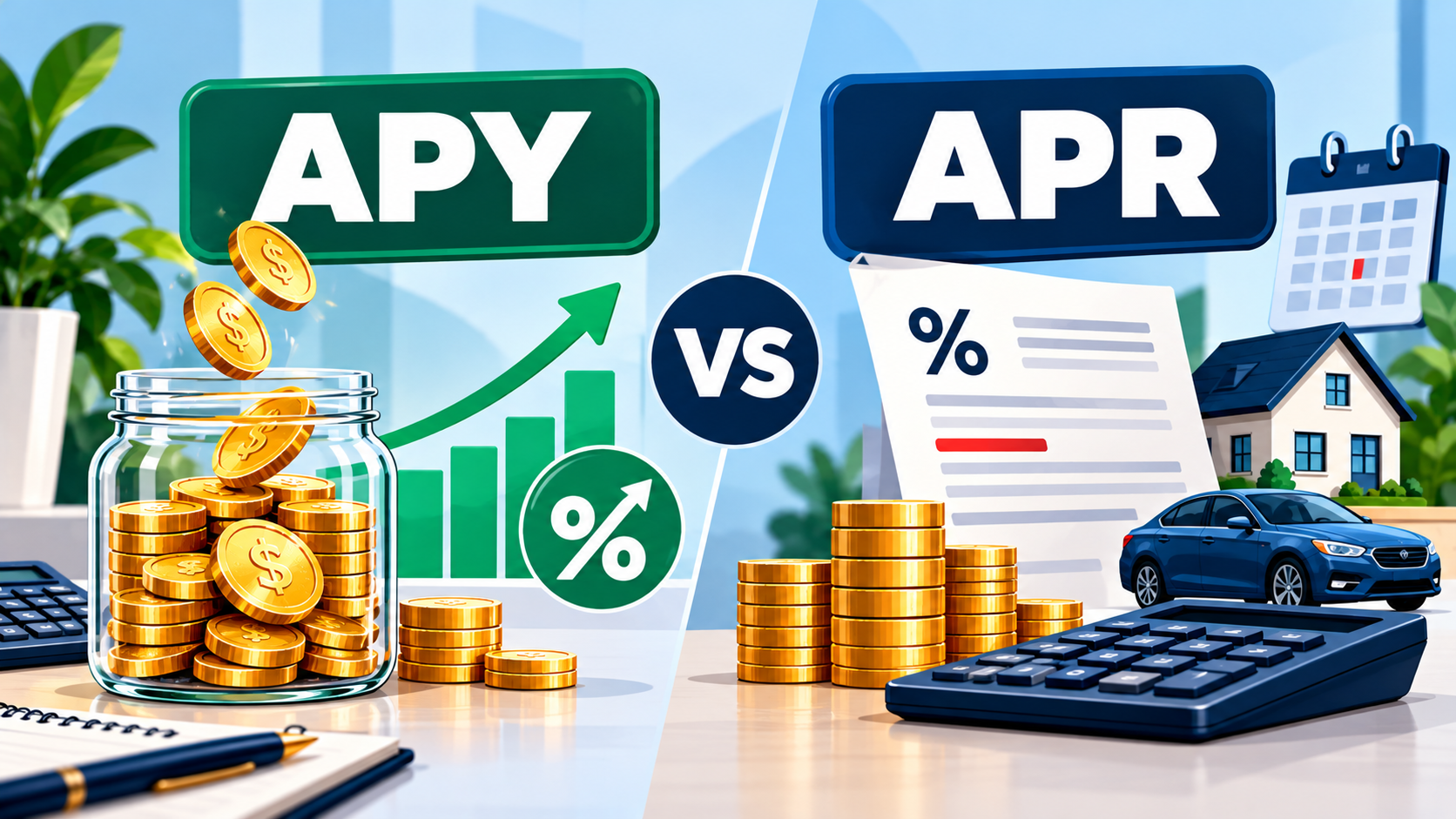APY vs. APR comparison showing savings growth with coins and an upward chart on the APY side, and loan costs with a percentage document, calculator, house, car, and calendar on the APR side.