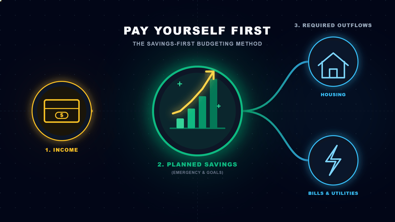 A digital illustration of the "Pay Yourself First" budgeting concept, showing a 3-step sequence on a dark navy background: Income flows first into a prominent gold and emerald savings vault, with the remaining funds flowing into a smaller section for flexible spending represented by a shopping bag and coffee cup.