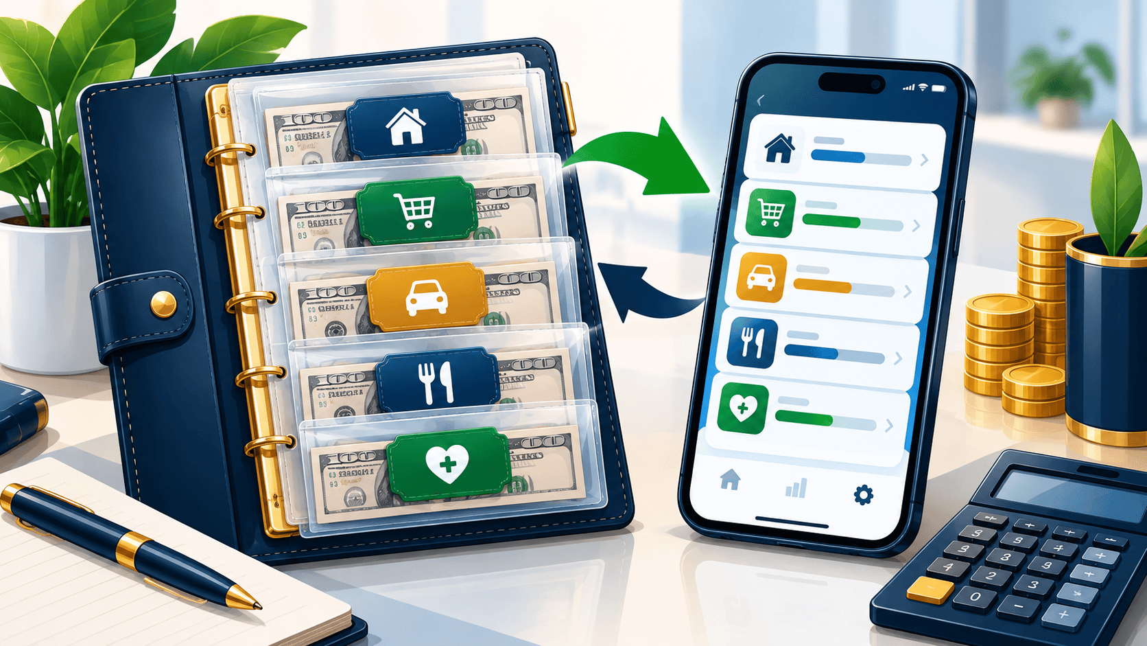 A modern, clean illustration showing the concept of envelope budgeting and cash stuffing, with labeled envelopes like "Groceries" and "Entertainment" side-by-side with a smartphone displaying a digital budgeting app, representing both physical and digital category tracking methods.