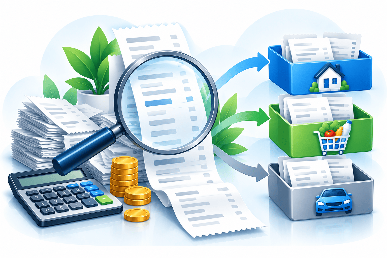 A magnifying glass examining a receipt next to sorting folders, illustrating the process of tracking, categorizing, and reconciling expenses.