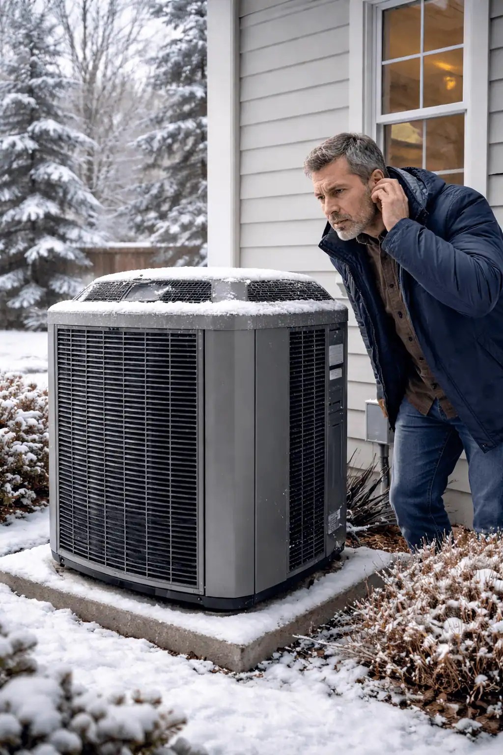 Homeowner listening to a heat pump making noise during winter beside a Charlotte-area home