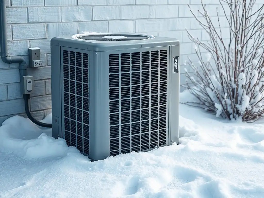 Outdoor heat pump unit covered in snow during winter, operating next to a home.
