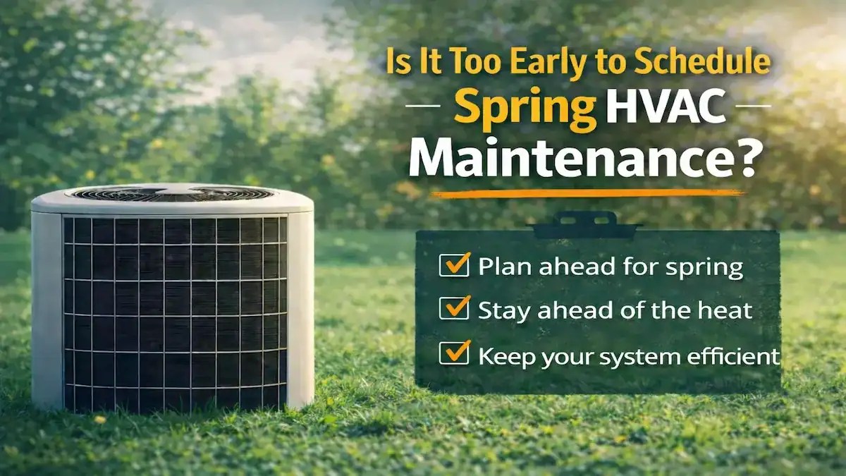 Outdoor HVAC condenser unit with spring greenery background and checklist about scheduling spring HVAC maintenance.