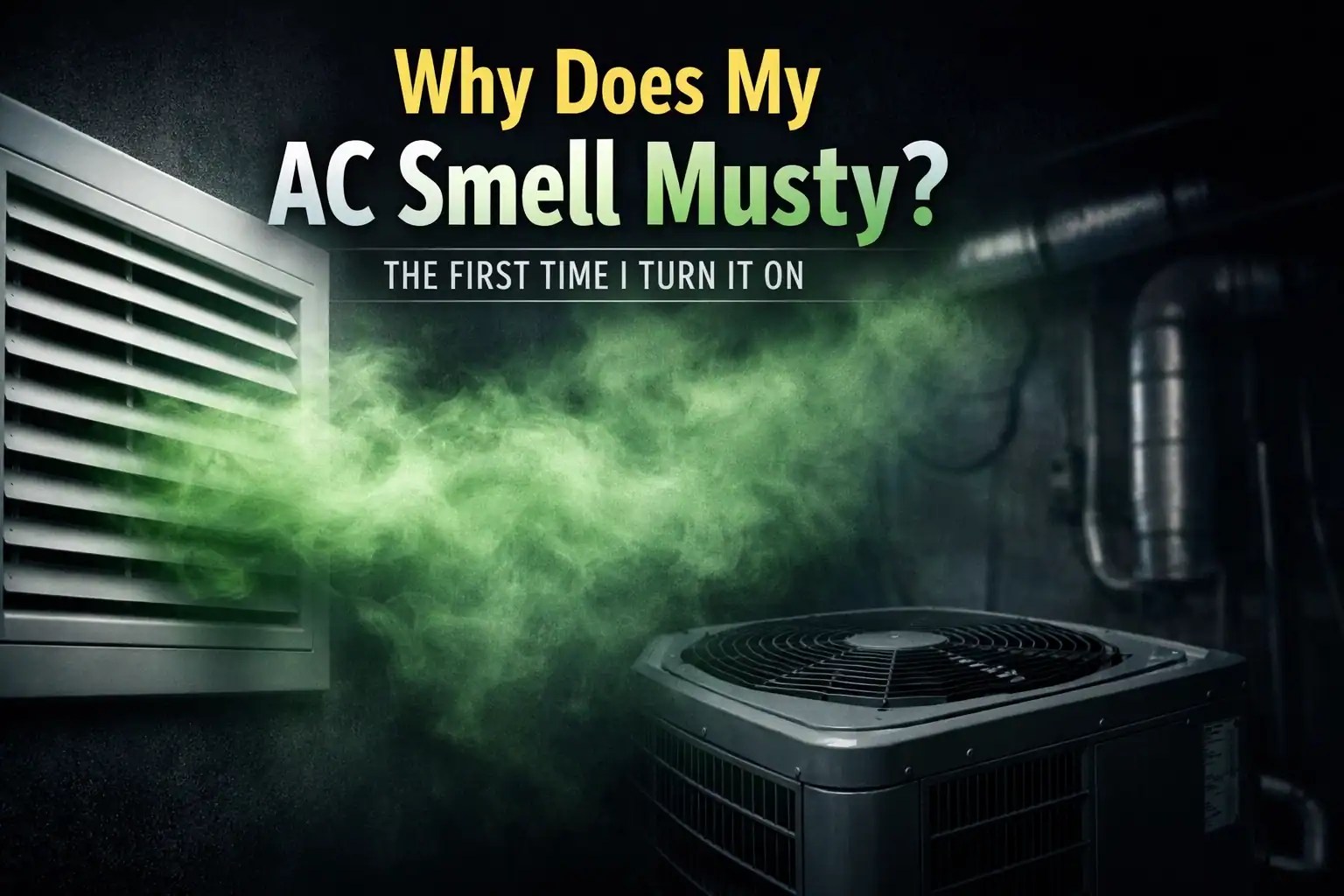 HVAC vent blowing green mist representing a musty odor when an air conditioner is turned on for the first time after winter.