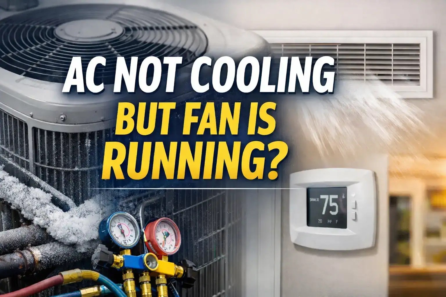 Air conditioner not cooling while fan is running, showing AC unit, thermostat, and airflow from vent
