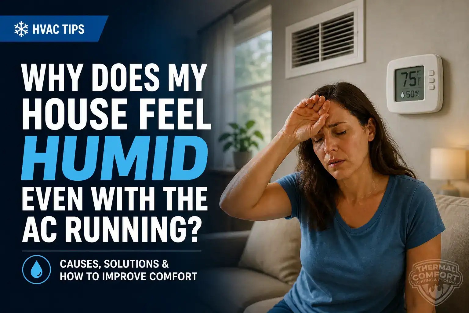 Homeowner feeling uncomfortable as house feels humid even with AC running and thermostat on wall