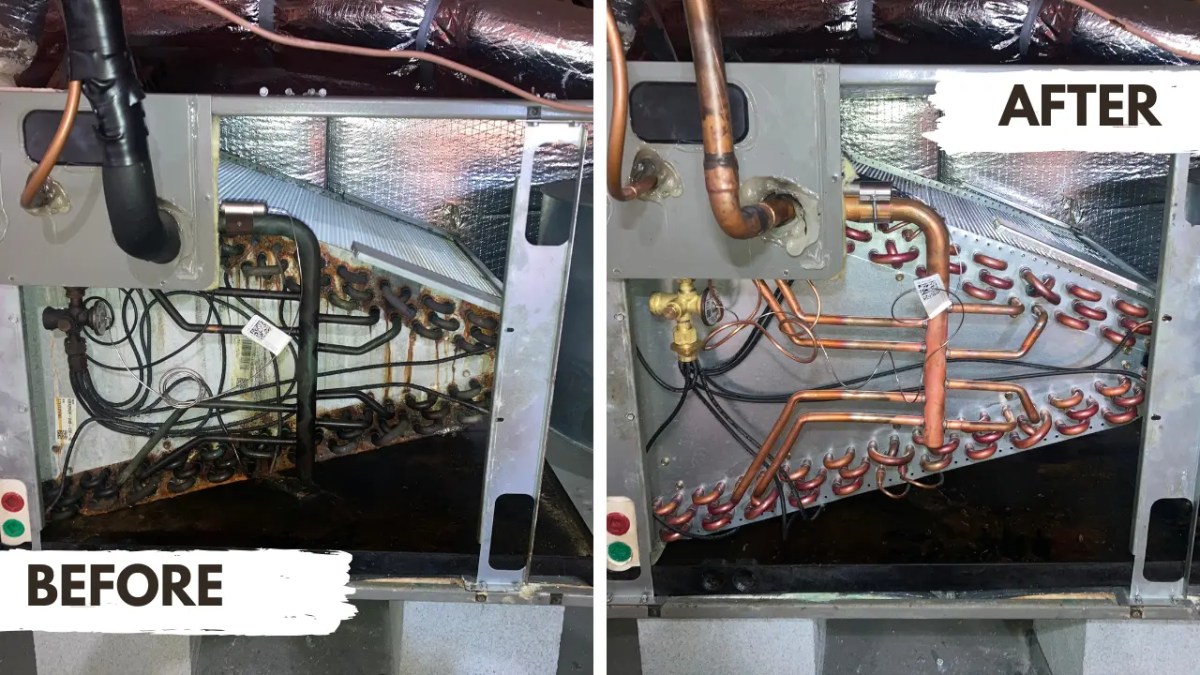 Before and after evaporator coil installation showing HVAC workmanship for a residential property.