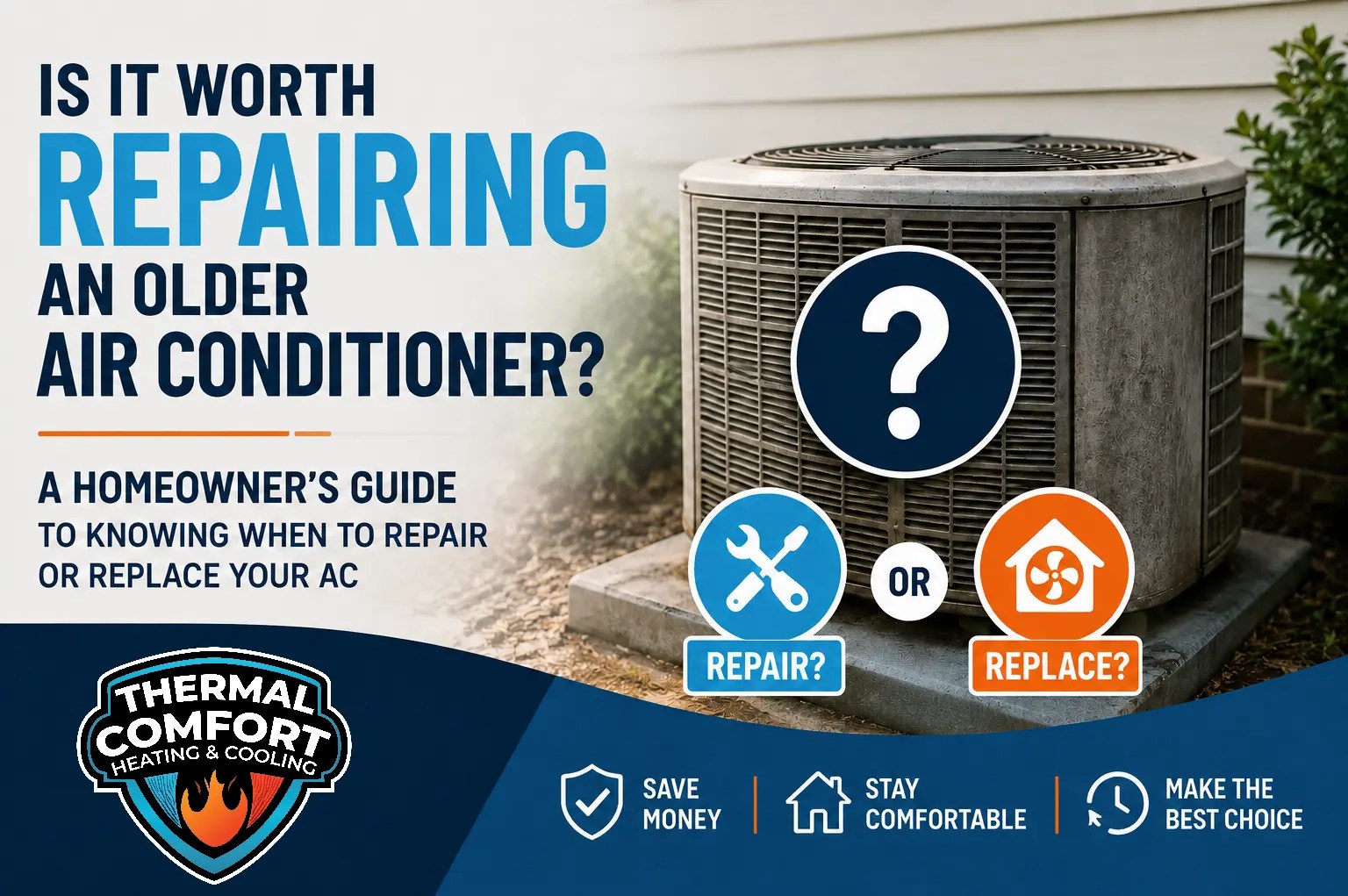 Illustration for a homeowner's guide to deciding whether to repair or replace an older air conditioner.