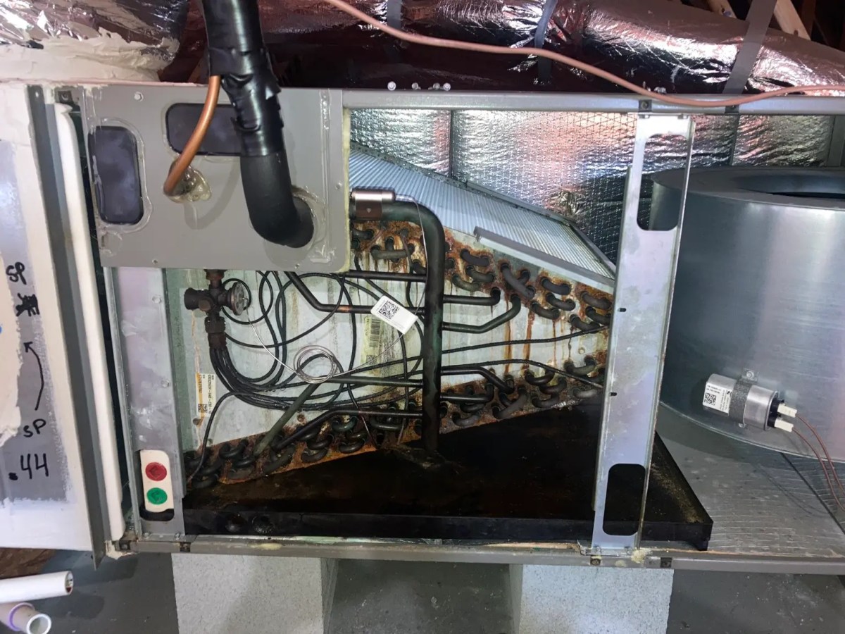Indoor evaporator coil opened during a real estate HVAC inspection to evaluate system condition and drainage concerns.