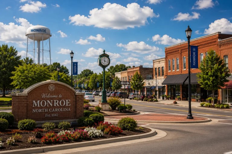 Downtown Monroe, North Carolina with the Monroe water tower, historic Main Street storefronts, and a welcome sign on a sunny day.
