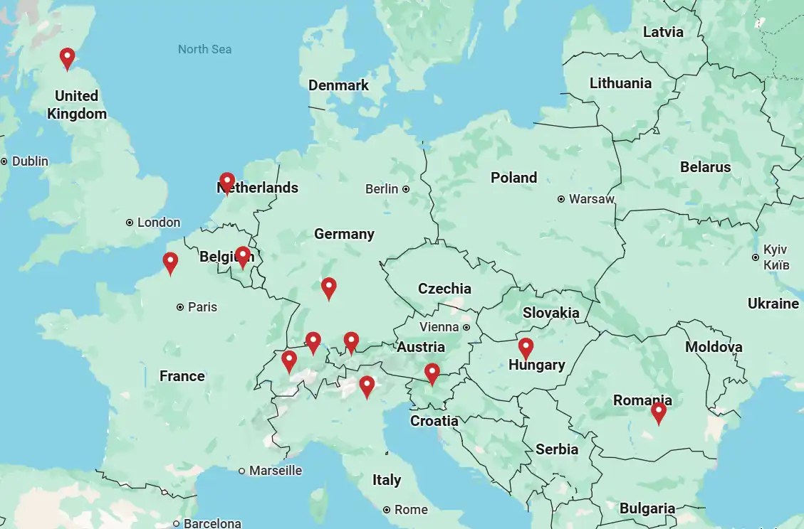 A map of Europe showing the route of a roof tent road trip across multiple countries.