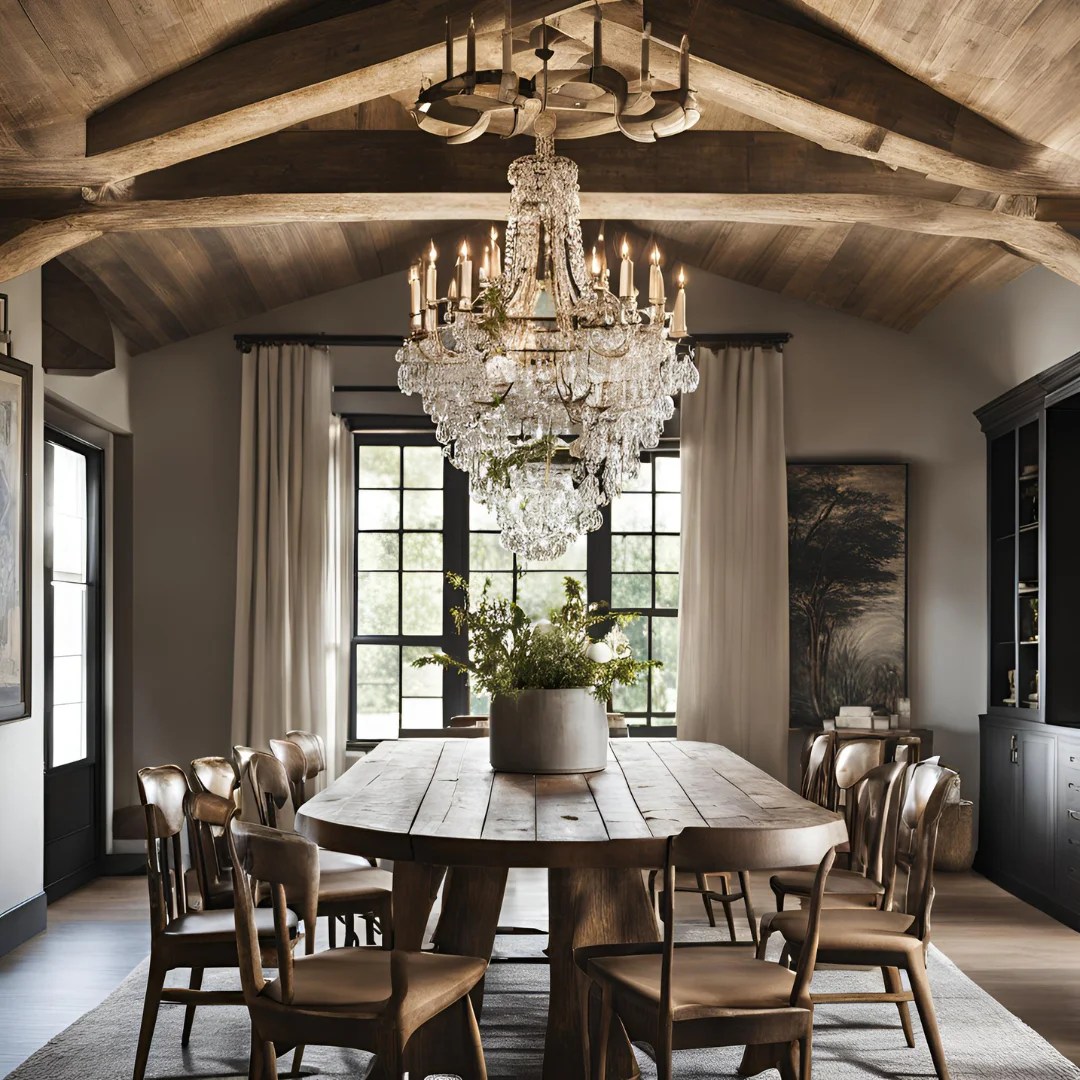 rustic dining room with chandelier