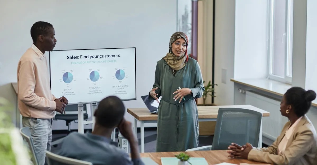 Presenters discussing a chart with colleagues in a meeting room