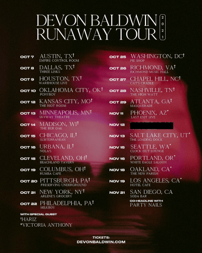 Devon Baldwin Runaway Tour 2021 Devon Baldwin Runaway Tour 2021