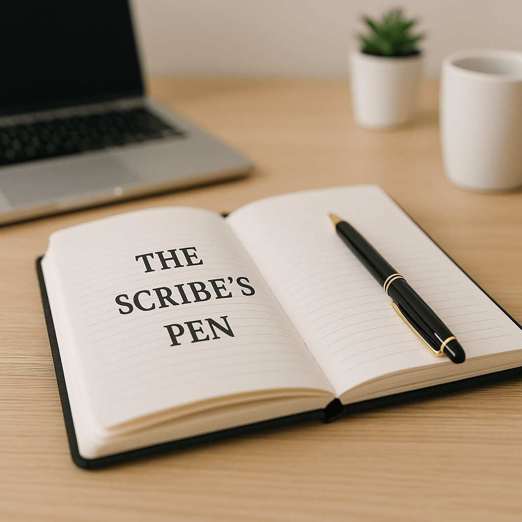 Notebook and pen with The Scribe’s Pen logo on desk