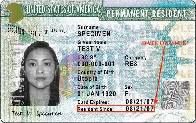 Green Card design displaying "United States of America Permanent Resident," featuring a photo, personal details, and issuance information relevant to the citizenship process.