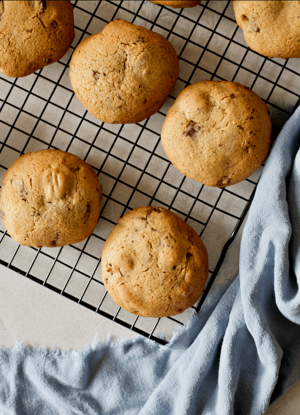 Chocolate Chip and pecan cookies sitting on a cooling rack with a blue cloth at the side