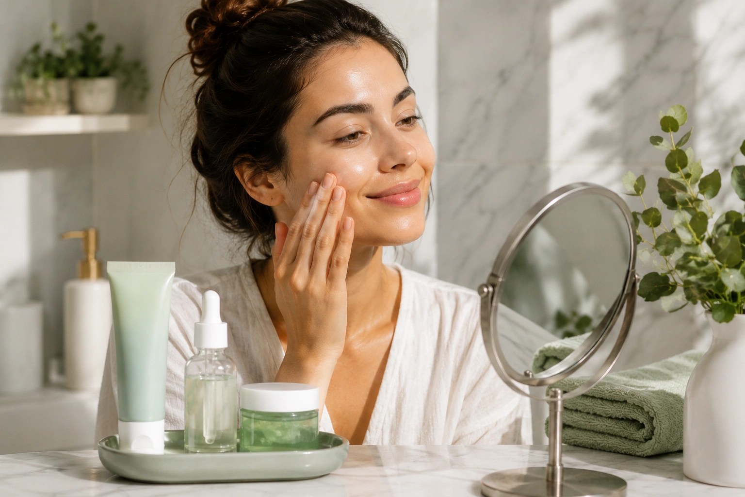 Woman applying skincare in a bright bathroom during a simple morning skincare routine for glowing skin with hydrating products and natural light.