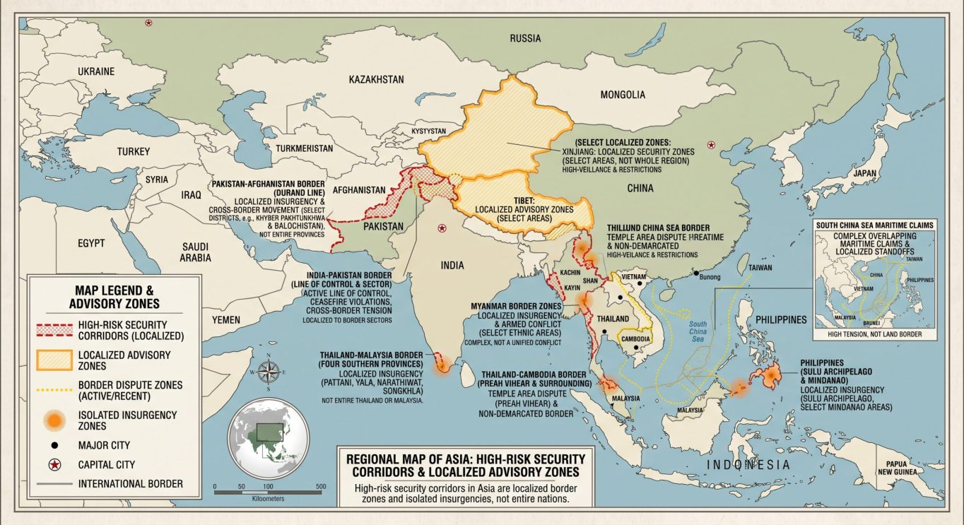 Regional Safety Map of Asia Annotating High Risk Corridors vs Safe Expat Hubs