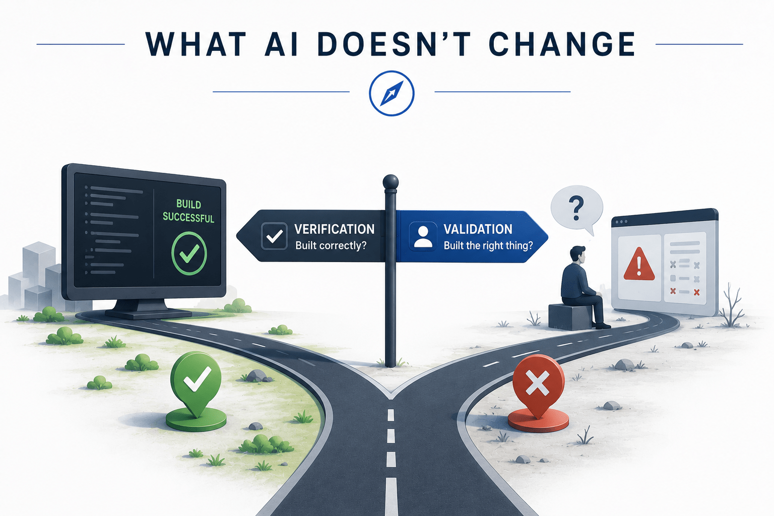 A minimalist editorial illustration showing a road splitting into two paths: verification, represented by a successful green build, and validation, represented by a user questioning whether the right thing was built. The image illustrates the difference between building software correctly and building software that meets the user's actual needs.