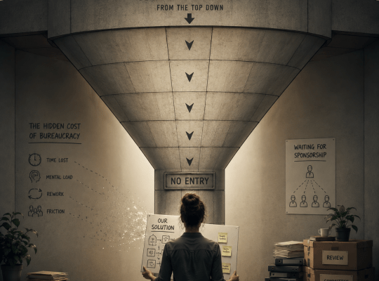 A capable professional stands at the bottom of a large institutional structure holding a practical solution, but the structure only allows decisions and change to flow downward, leaving no path for her idea to enter.