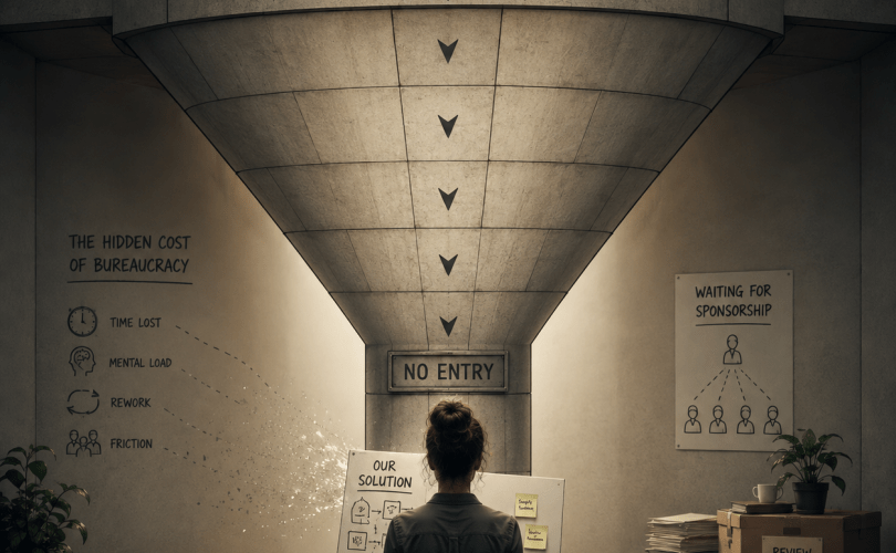 A capable professional stands at the bottom of a large institutional structure holding a practical solution, but the structure only allows decisions and change to flow downward, leaving no path for her idea to enter.