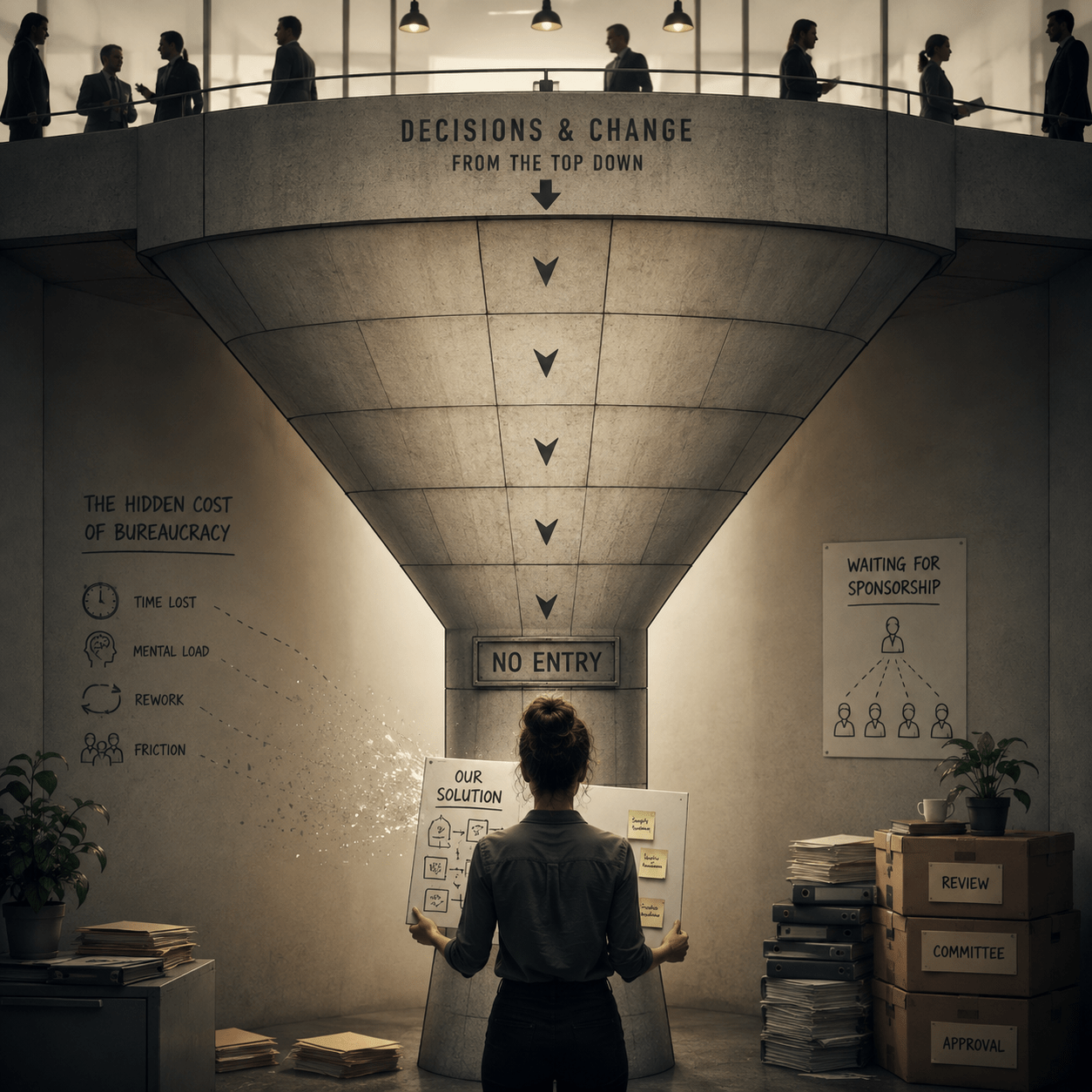 A capable professional stands at the bottom of a large institutional structure holding a practical solution, but the structure only allows decisions and change to flow downward, leaving no path for her idea to enter.